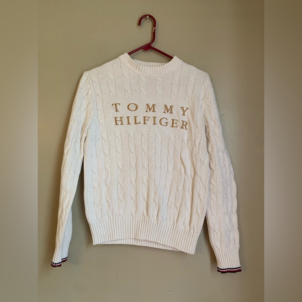 Tommy Hilfiger cable knit sweater shirt classic cream Tommy logo embroidered y2k - Picture 1 of 8